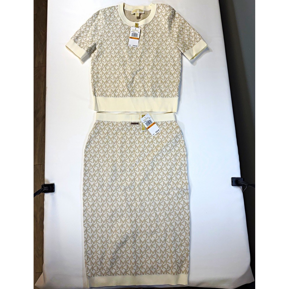 NWT Michael Kors 2-Pc Knit Set Bone Logo Jacquard Sweater Skirt S MH1604L5KZ